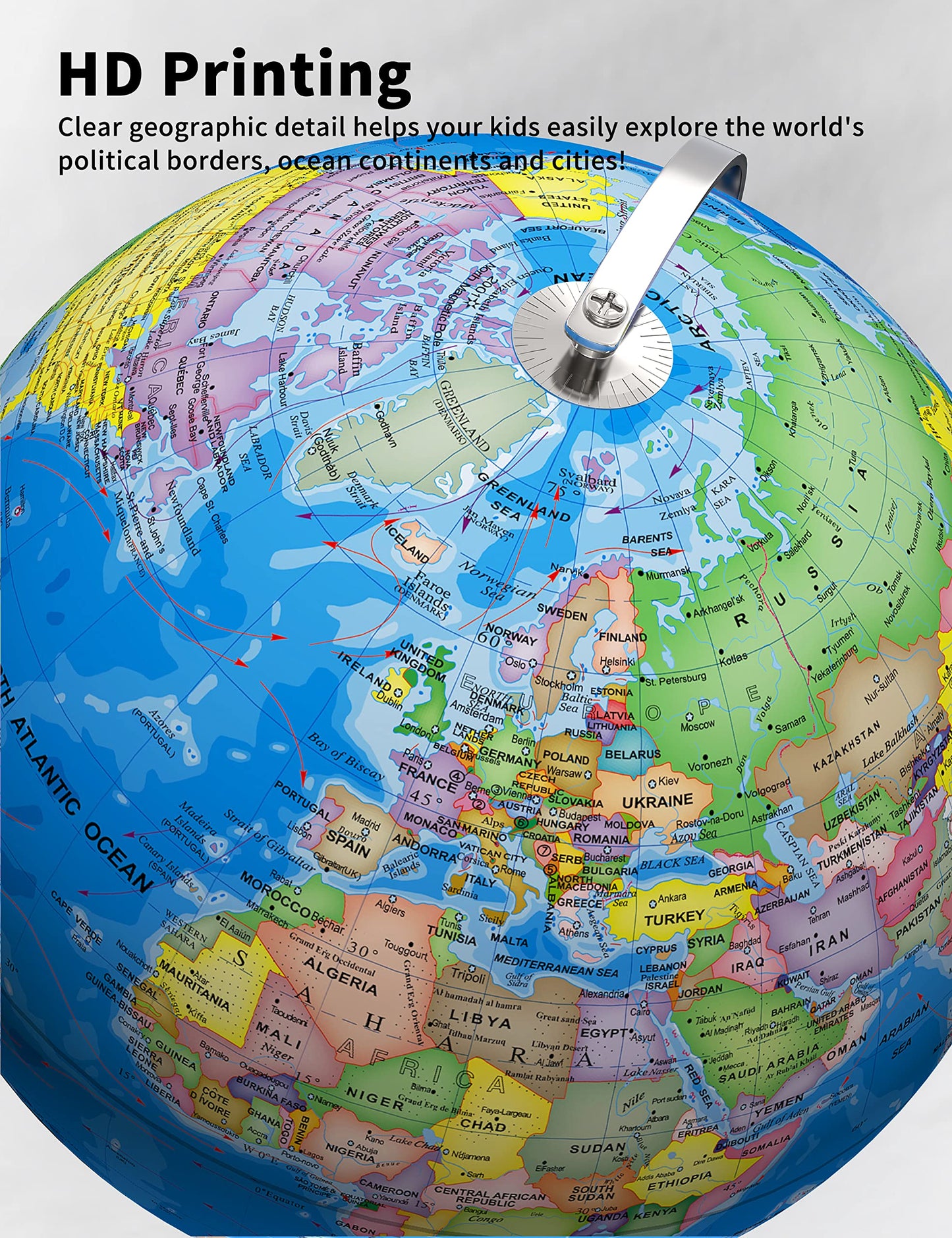 Waldauge Illuminated World Globe With Stand, 13'' Earth Globes With Stable Heavy Metal Base For Kids Classroom Learning, Led Con