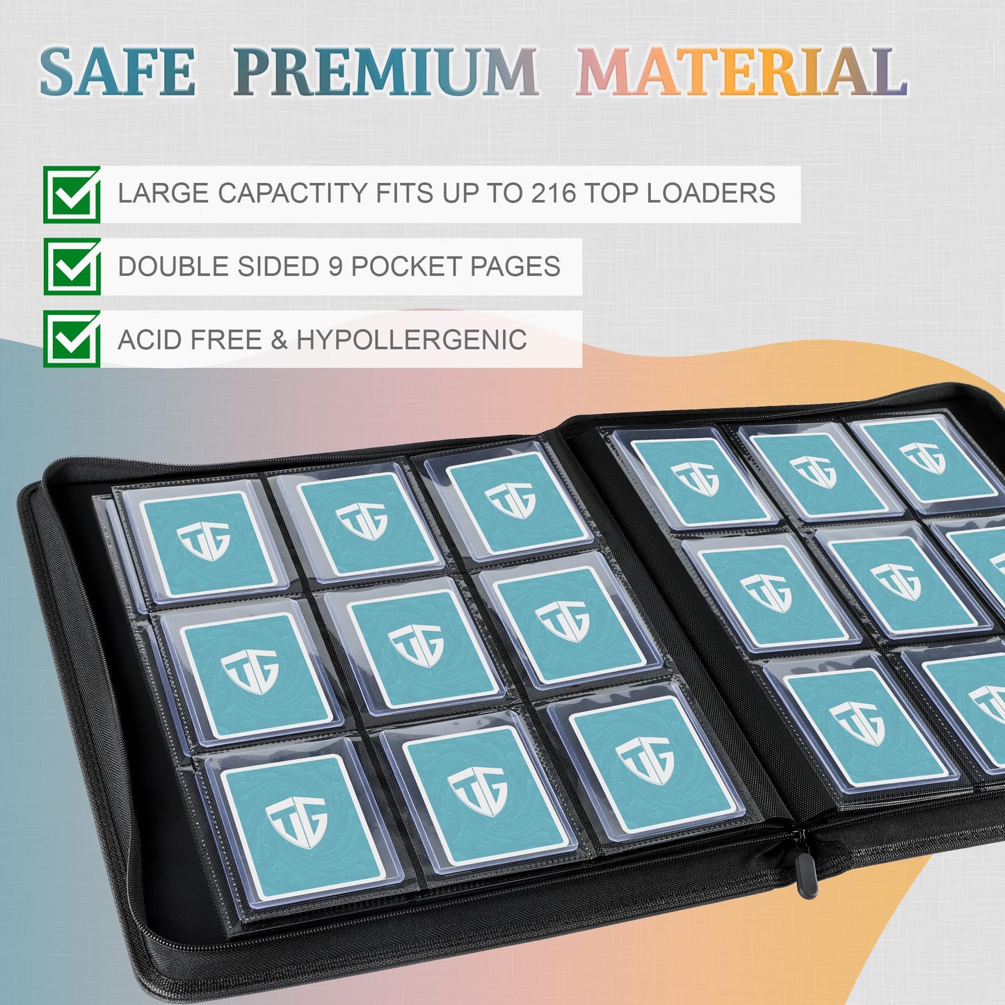 TCGUARD Grey Toploader Binder for 3x4 Rigid Toploaders - Holds 216 Cards, 9 Pocket Sleeves, Ideal for TCG & MTG Collectors