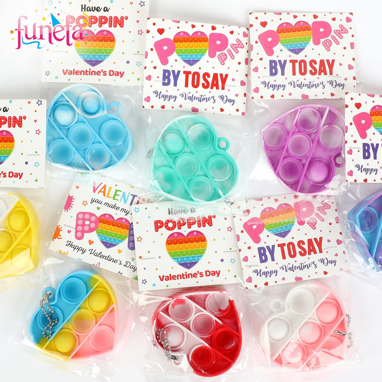 Funeta Valentines Pop Its - 30 Pack Fidget Cards for Kids, Silicone Keychains in Red, White, Blue, Pink, Yellow, Purple
