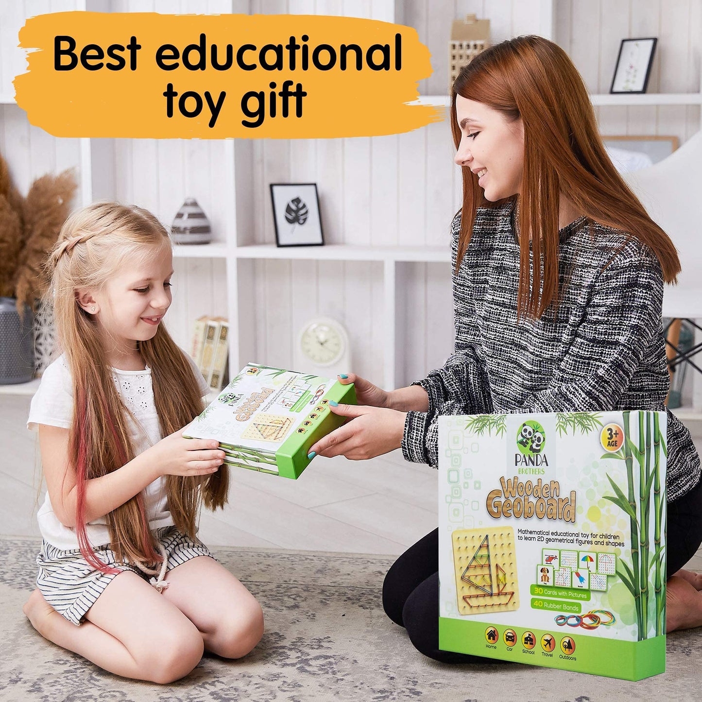 Panda Brothers Wooden Geoboard - Montessori Toys for 3 4 5 Year Old Kids and Toddlers, Educational Toy with 30 Pattern Cards and