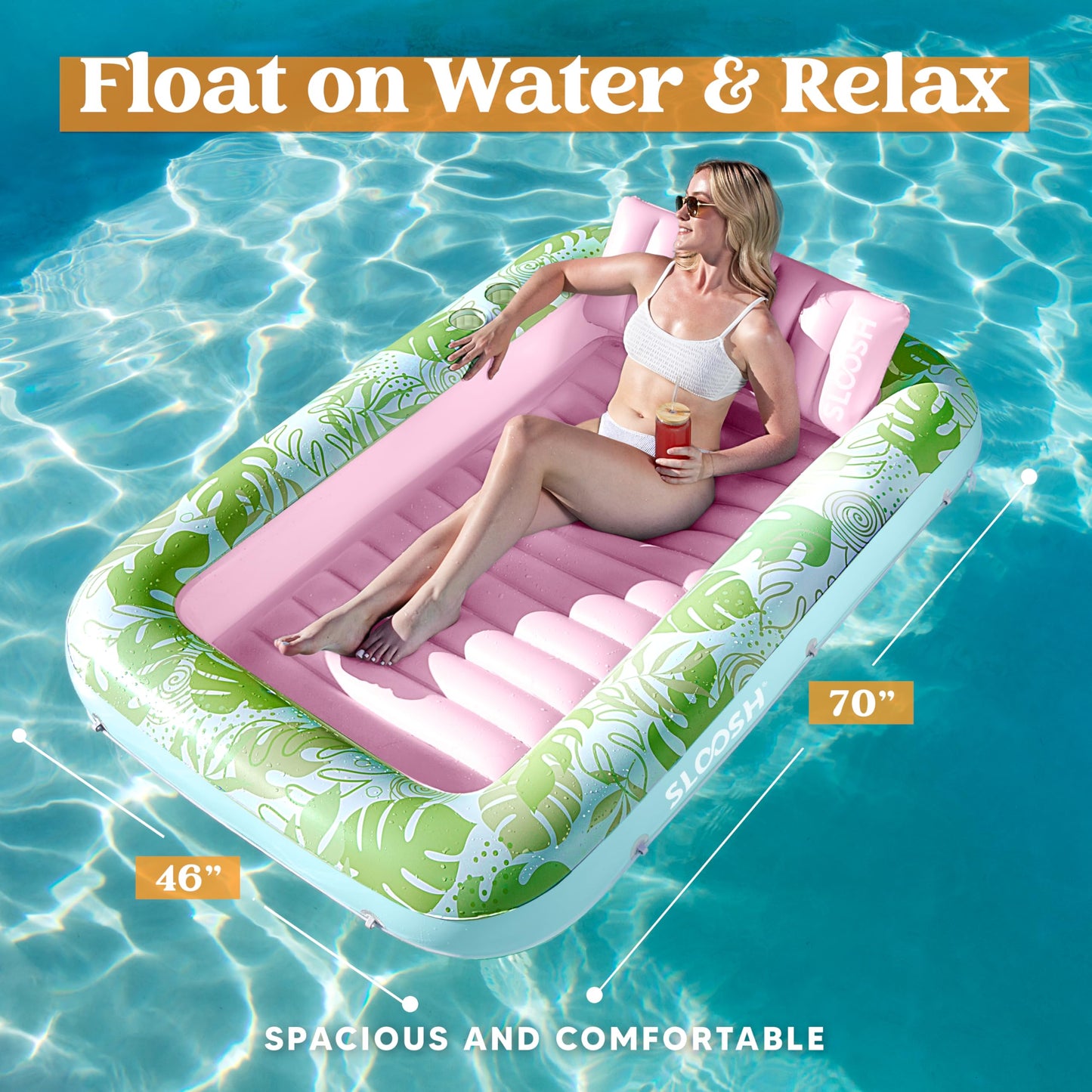 Sloosh Inflatable Tanning Pool Lounger Float, 70' X 46' Pool Floats Adult With Pillow, 4 In 1 Suntan Tub Raft Floatie,Sunbathing Bed Lounge For Water Blow Up Kids Ball Pit Party Gifts, L-Cyan Pink