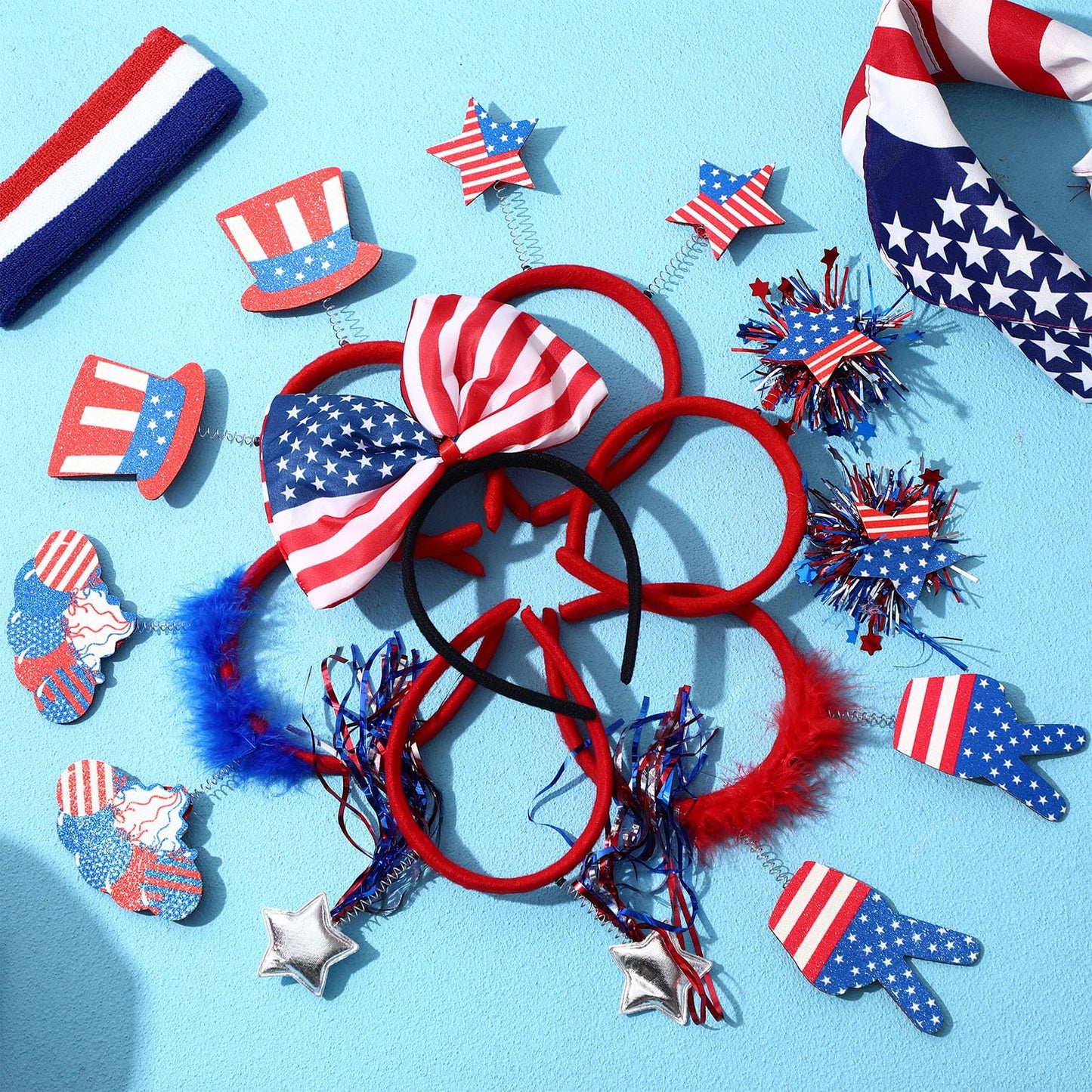 Suncalla 12 Pcs 4th of July Accessories Set-patriotic Headbands, American Flag Hats, Wigs & Bandanas for Independence Day Partie
