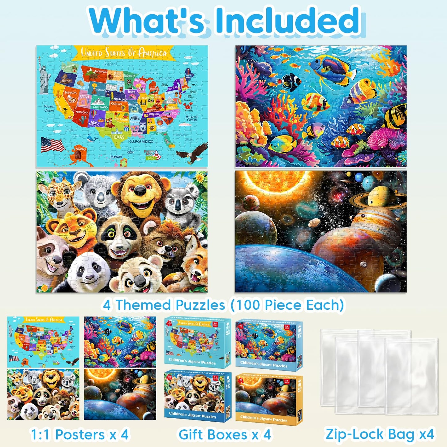Jeacirio 4 Pack 100 Piece Puzzles For Kids Ages 4-6 - Jigsaw Puzzles For Kids Ages 6-8 8-10 100 Piece Jigsaw Puzzle For Adults T