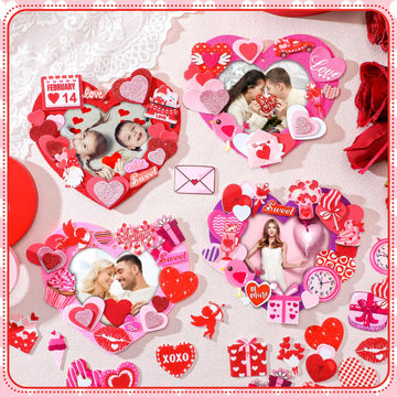 Ferraycle 232 Pieces Valentines DIY Picture Frames Craft Kit 32 Pcs Photo Frames with 200 Pcs Heart Shaped Foam Stickers for Val