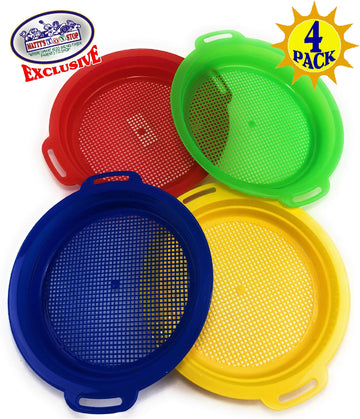 Matty'S Toy Stop Sand Sifter Sieves For Sand & Beach (Red, Blue, Yellow & Green) Complete Gift Set Bundle - 4 Pack (8.75'' X 9.7