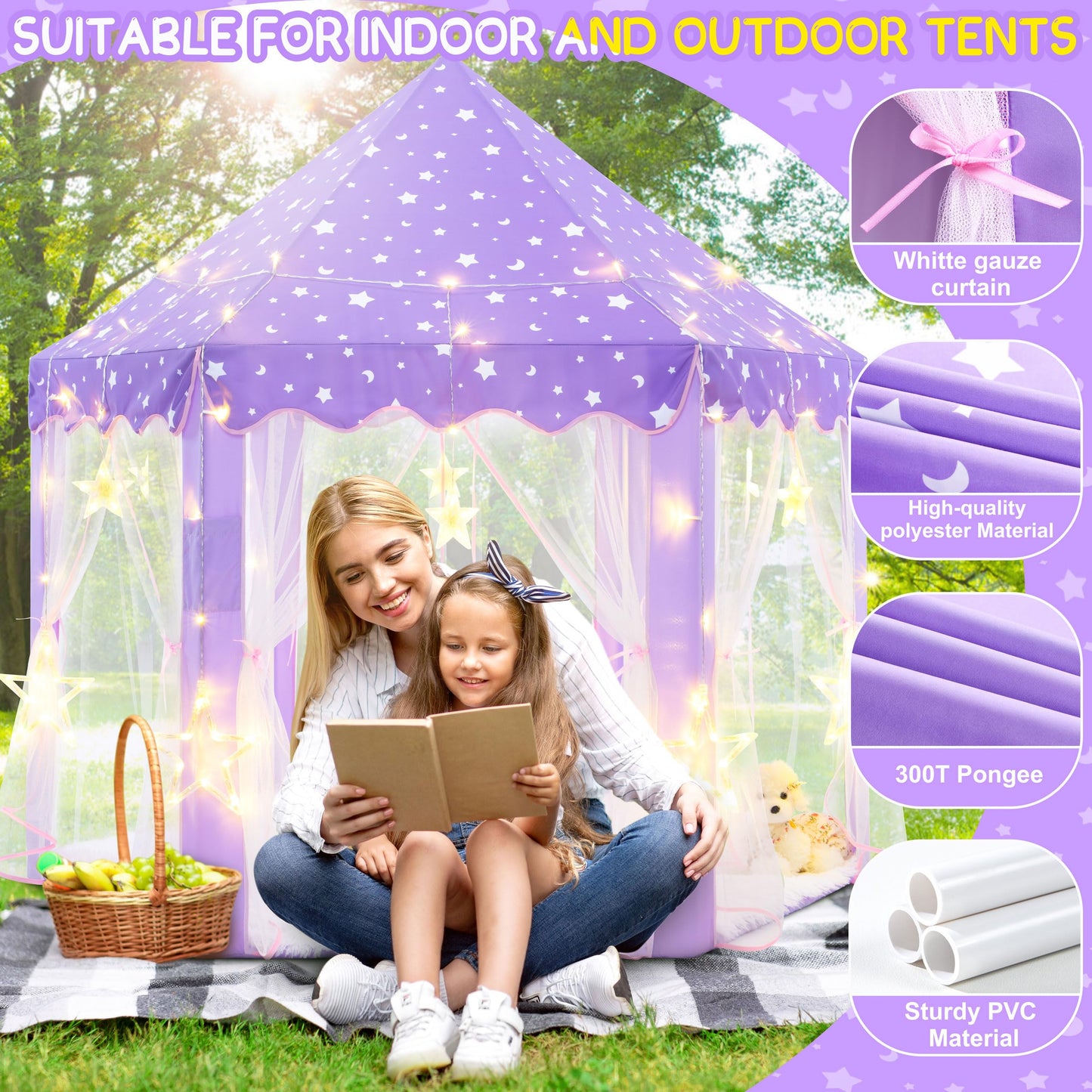 Evoionos Purple Princess Tent For Girls, Kids Play Tent With Large Star Lights, Castle Playhouse For Children Indoor Outdoor Gam