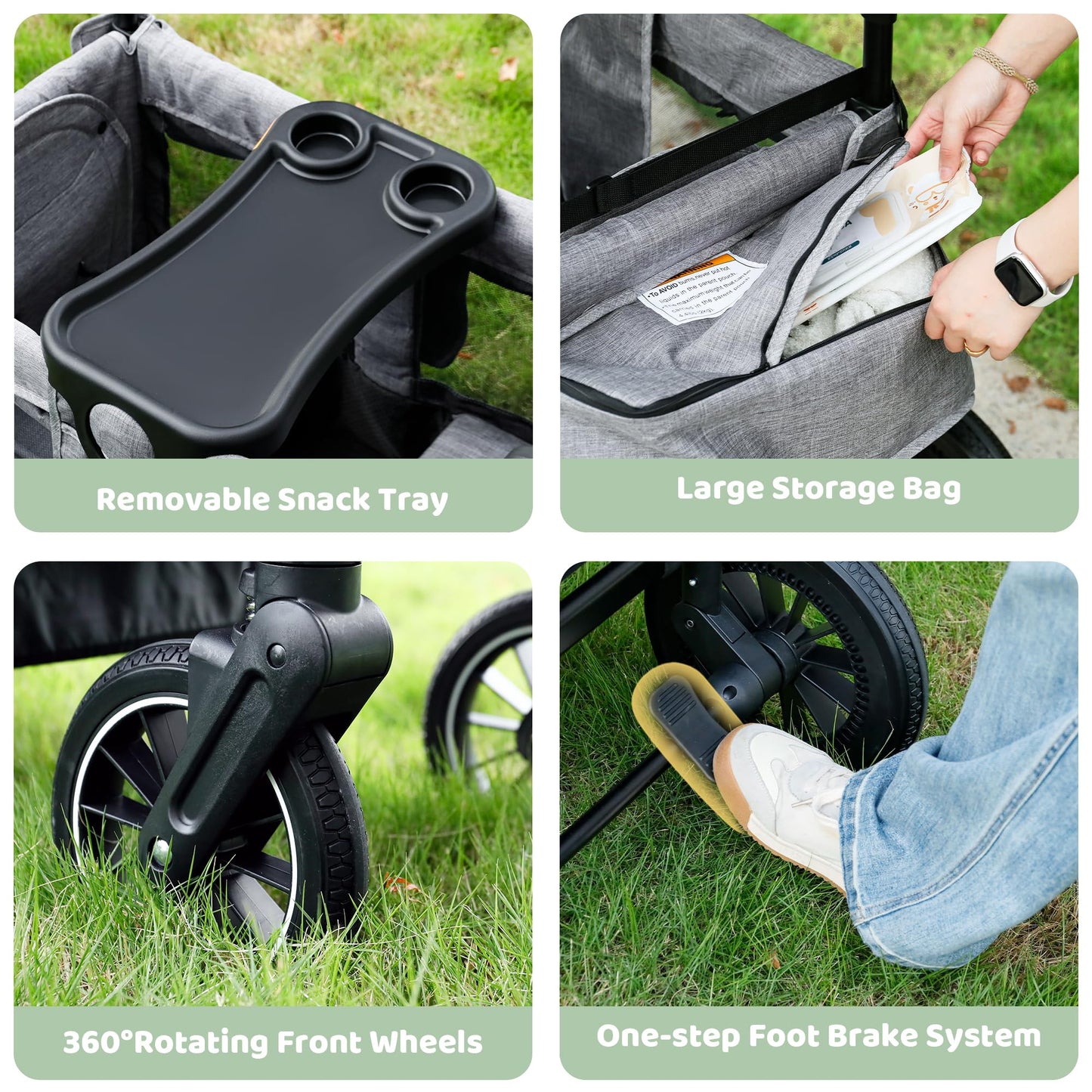 TODEFULL Wagon Stroller for 2 Kids Foldable Kids Wagon Cart Featuring with Harnesses Adjustable Double Push Handle Removable Canopy Snack Tray Large Storage Bag Gray