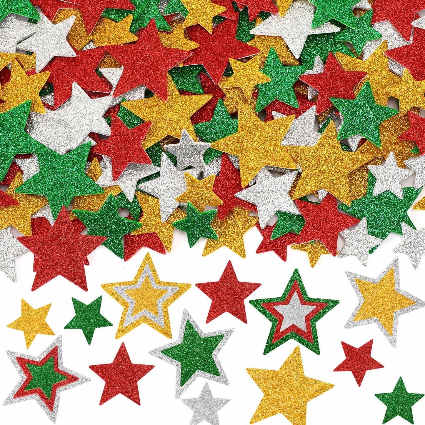JULBEAR Star Foam Sticker, 300Pcs Christmas Glitter Star Shapes Foam Stickers for Kids Holiday Xmas Party Favors Toddler DIY Cra