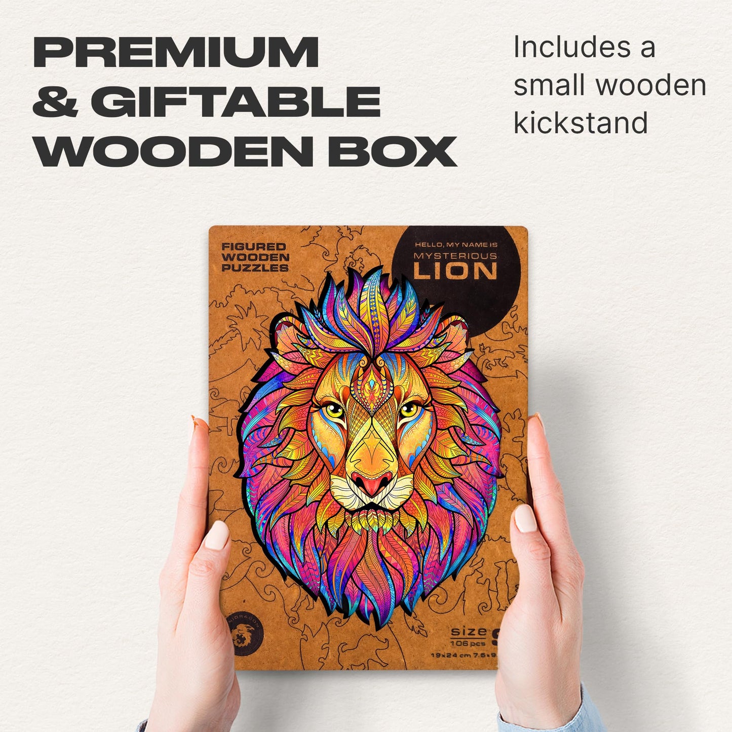 Unidragon Wooden Jigsaw Puzzles - Mysterious Lion, 106 Pcs, Small 7.5'X9.5', Beautiful Gift Package, Unique Shape Best Gift For Adults And Kids