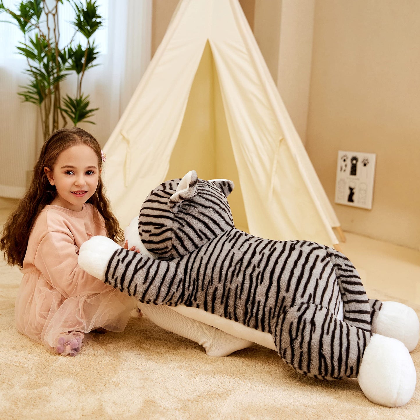 Ikasa Giant Striped Cat Stuffed Animal Plush Toy,Large Kitten Big Jumbo Soft Toys,30' Huge Size Cute Plushy Fluffy Fat Plushie,Gifts For Kid