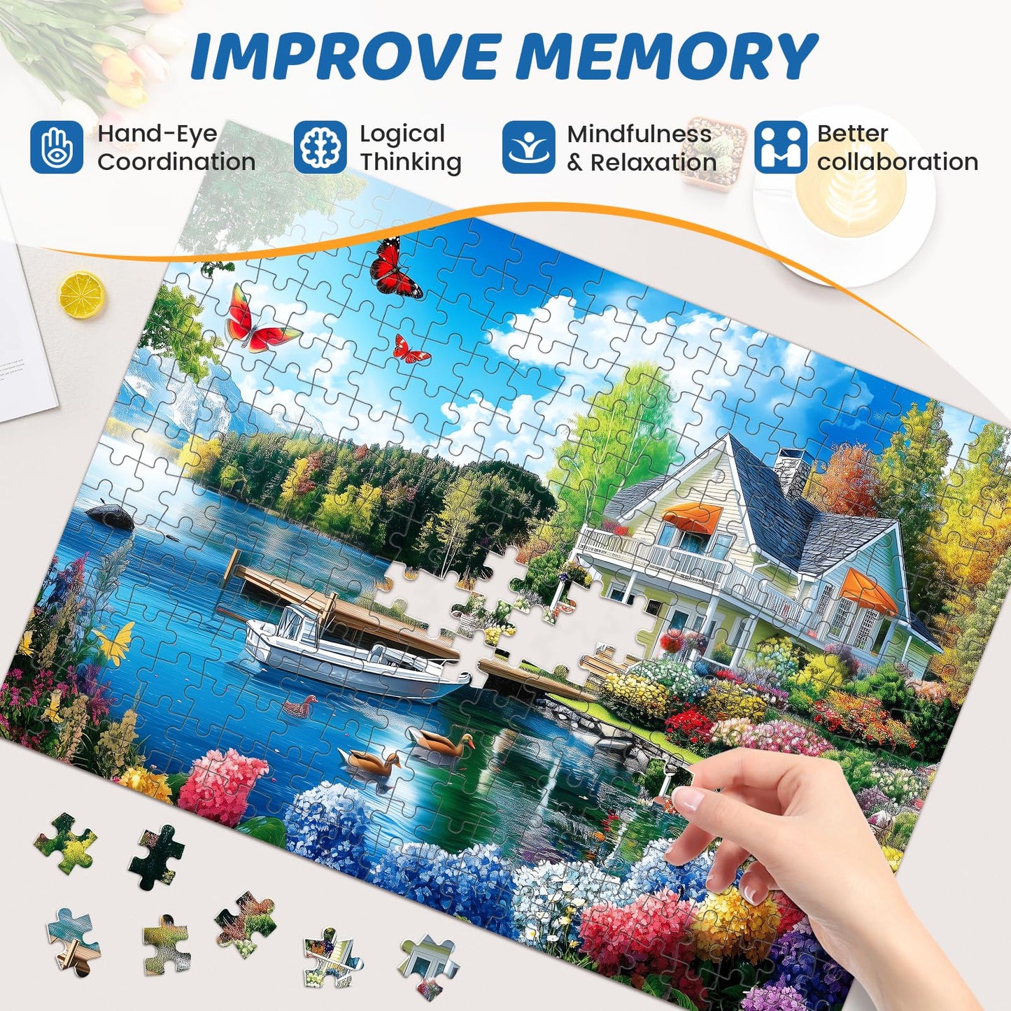 300 Pieces Puzzles For Adults | Lake House Jigsaw Puzzles | Large 300 Piece Puzzle For Children Adults Seniors | Sturdy,Safe | E