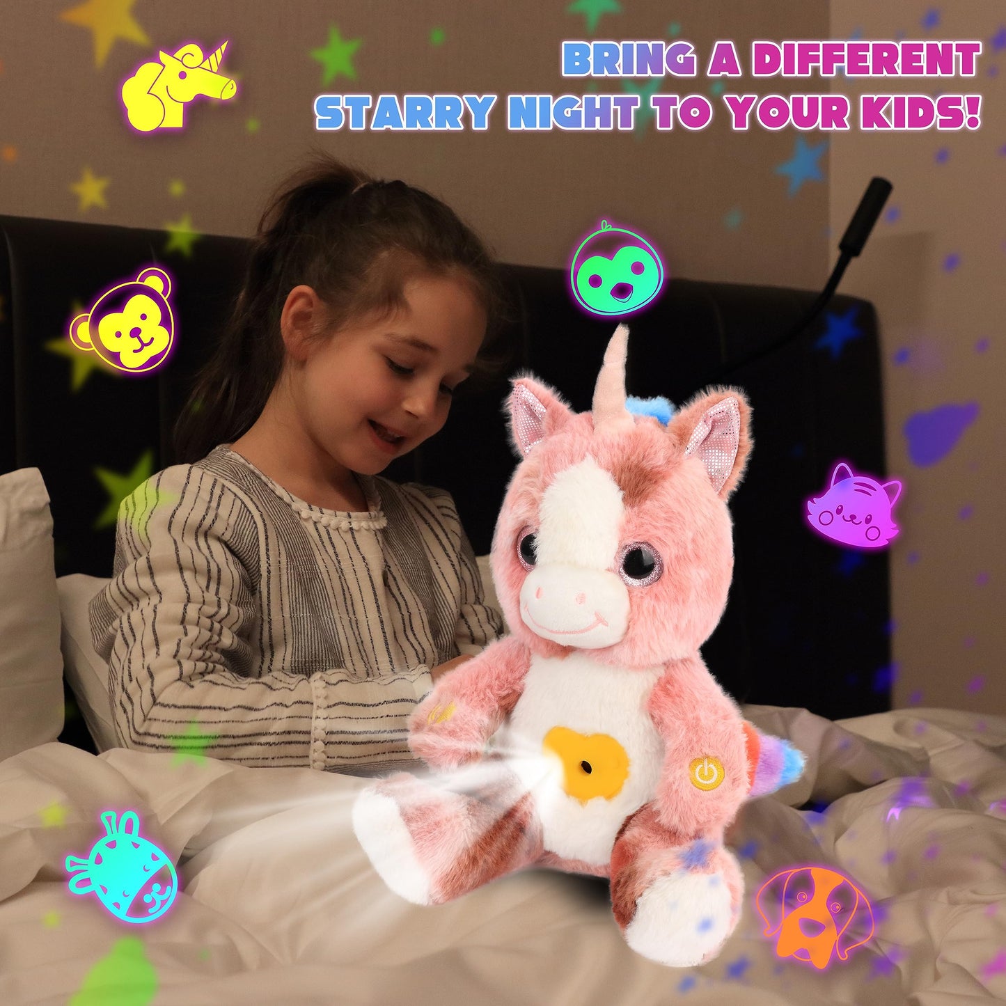 Cuteoy Plush Dirty Pink Unicorn Star Projector Musical Adjustable Singing Night Light Stuffed Animals Glowing Plushies Toy Gifts For Kids Birthday Easter Christmas,12''
