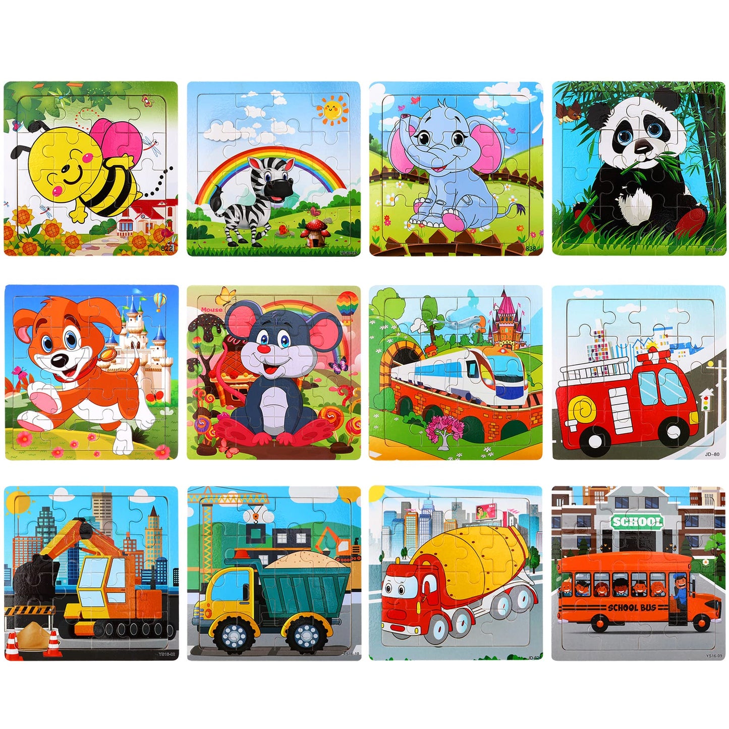 Sannix 12 Pack Wooden Jigsaw Puzzles For Toddlers 3 4 5 Years Old, Party Favors Animals Jigsaw For Kids, Transportation Educatio
