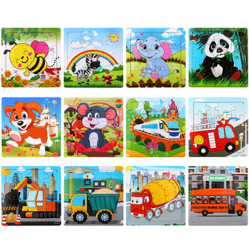 Sannix 12 Pack Wooden Jigsaw Puzzles For Toddlers 3 4 5 Years Old, Party Favors Animals Jigsaw For Kids, Transportation Educatio