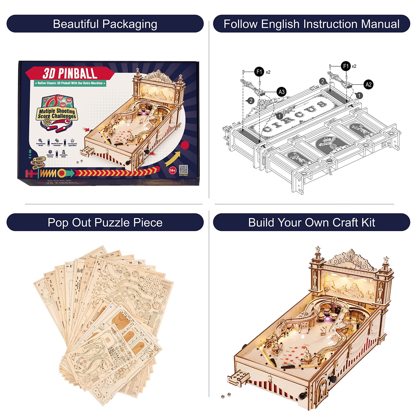 Rowood 3D Wooden Pinball Machine Puzzle Model EG01 - DIY Mechanical Game for Adults & Teens, Brown