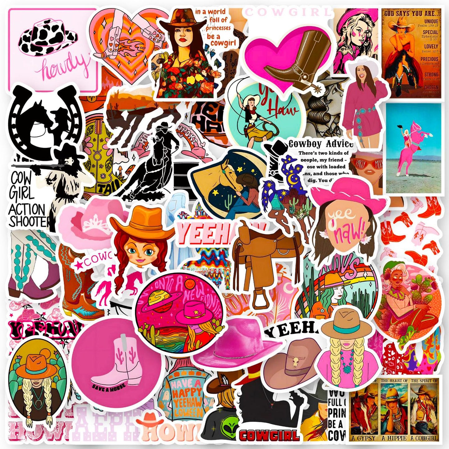 Dothrayan 100 Pcs Cowgirl Stickers, Pink Cowgirl Hat Western Girls Boots Sticker Pack For Water Bottles Laptops, Cowgirl Decal G