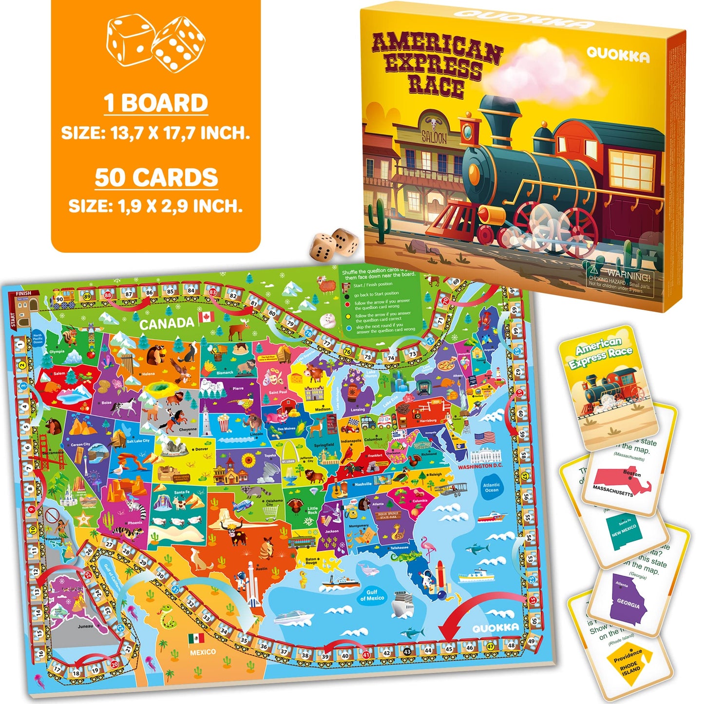 Quokka 3X Set Learning Board Games For Kids 6-8 - Educational Trivia Cards Ages 8-12 | Travel United States | World Map | Explor
