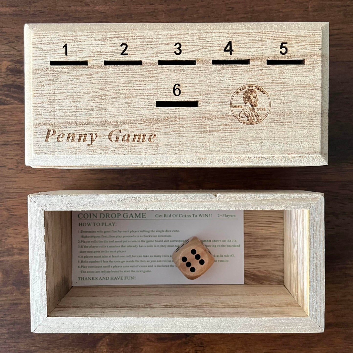Penny Game - Fun Board Game Works With Coines, Get Rid Of Coins To Win, Penny Game Wood Box For 2+ Players, Simple + Strategic Dice Games