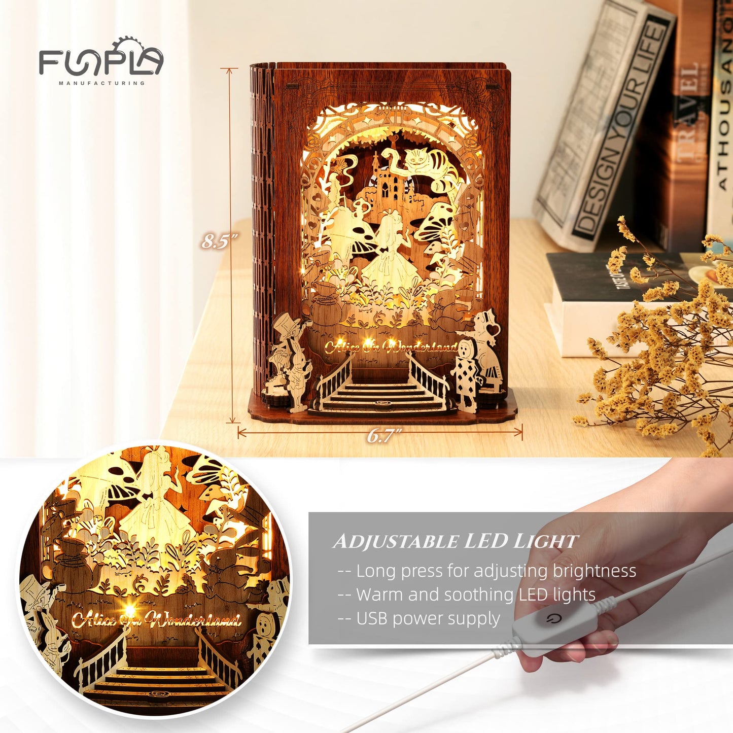 FUNPOLA 3D Puzzle Nightlight - DIY LED Book Lamp, Wood Decor for Kids & Adults, Alice in Wonderland Model