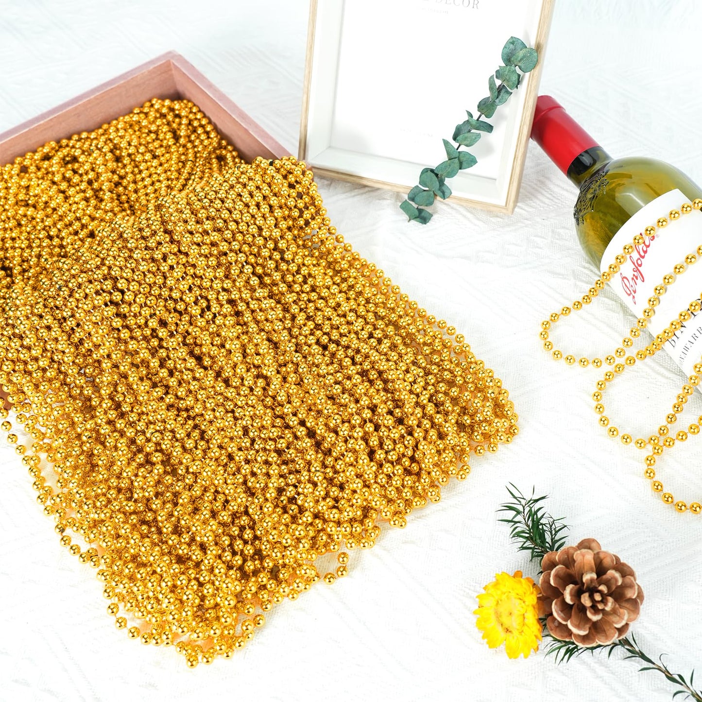 SHAOQINLIN 12 PCS Gold Bead Necklace, Gold Mardi Gras Christmas Beads Necklaces 33'' Metallic Beaded Costume Necklaces Party Nec