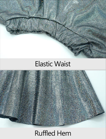 Happy Cherry 2Pcs Kids Girls Shiny Metallic Short Sleeve Crop Top With Pleated Skirt Set Dancewear Performance Costumes Black 10