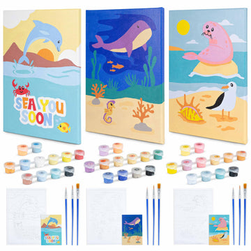Bonnyco Paint By Numbers Kit For Kids Sea Animals Pack 3 Canvas Paint By Number Canvas Framed, Ocean Gifts For Kids, Arts And Crafts 4-6 8-12 Pintar Por Numeros Pre Drawn Painting Under Sea Crafts