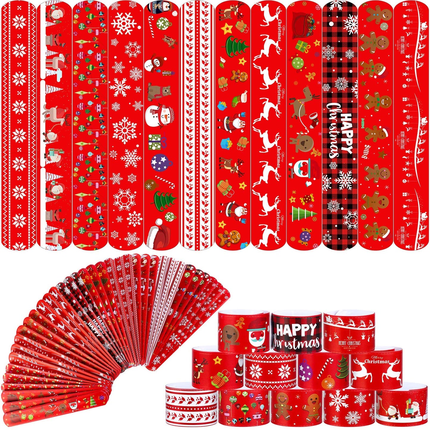 Elcoho 60 Pack Christmas Slap Bracelets Toys Xmas Slap Bands Santa Claus Snowman Reindeer Slap Wristband for Christmas Party Fav