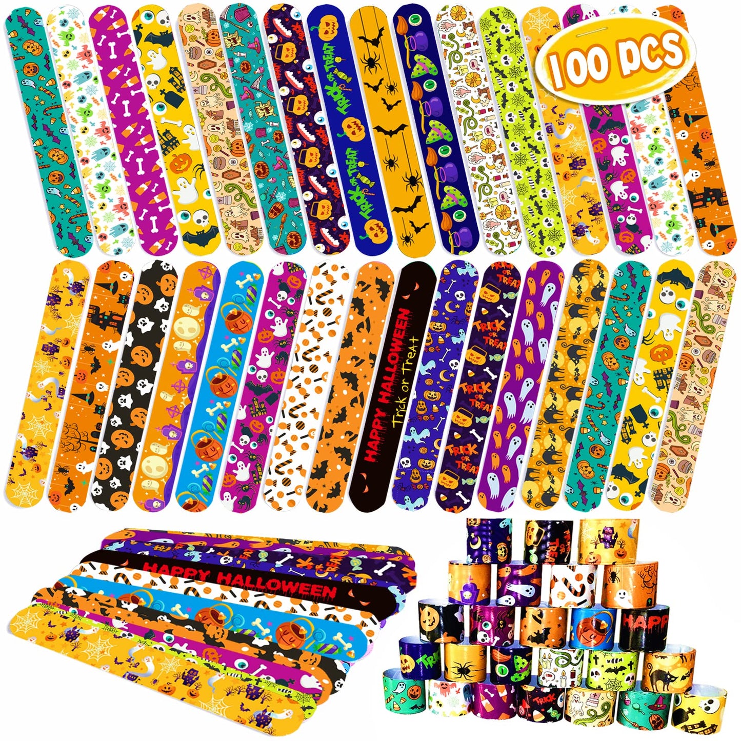 Halloween Slap Bracelets for Kids, 100 Halloween Bracelet Toys Bulk For Kids Girls Boys, Trick or Treat Party Favors, Classroom
