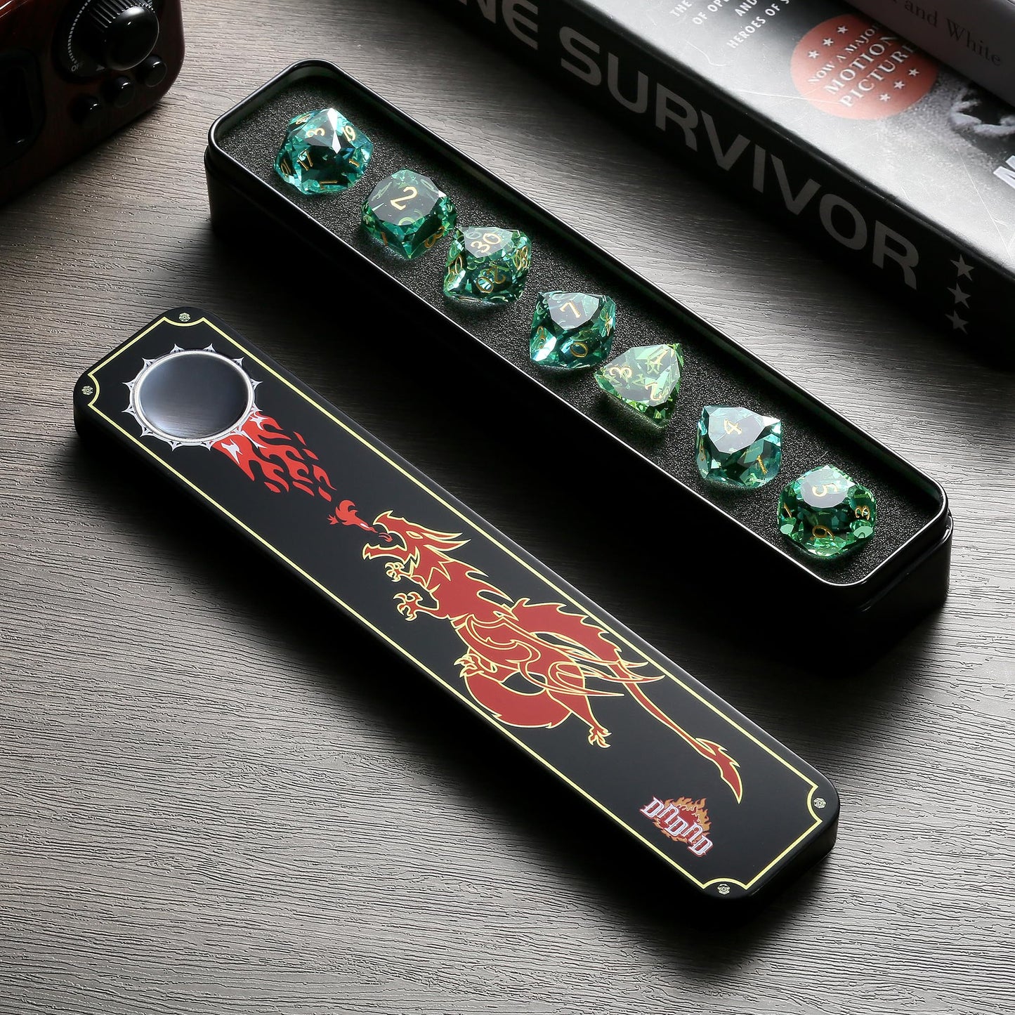 DNDND 7-Piece Glass Dice - Multifaceted Colorful DND Dice, Tabletop Gaming, Collectors | Premium Gift Box & Durable Design (Gree