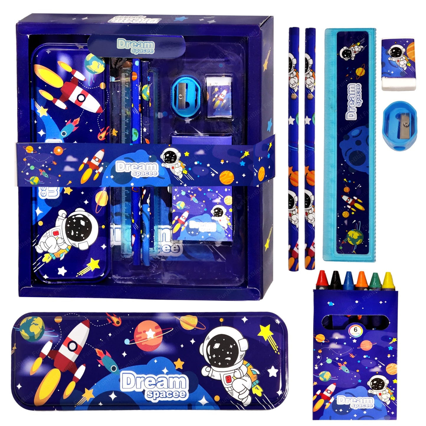 Funblast Space Theme Stationery Kit For Kids Stationery Box Pencil Pen Eraser Sharpener And Space Pencil Box Stationary Kit S