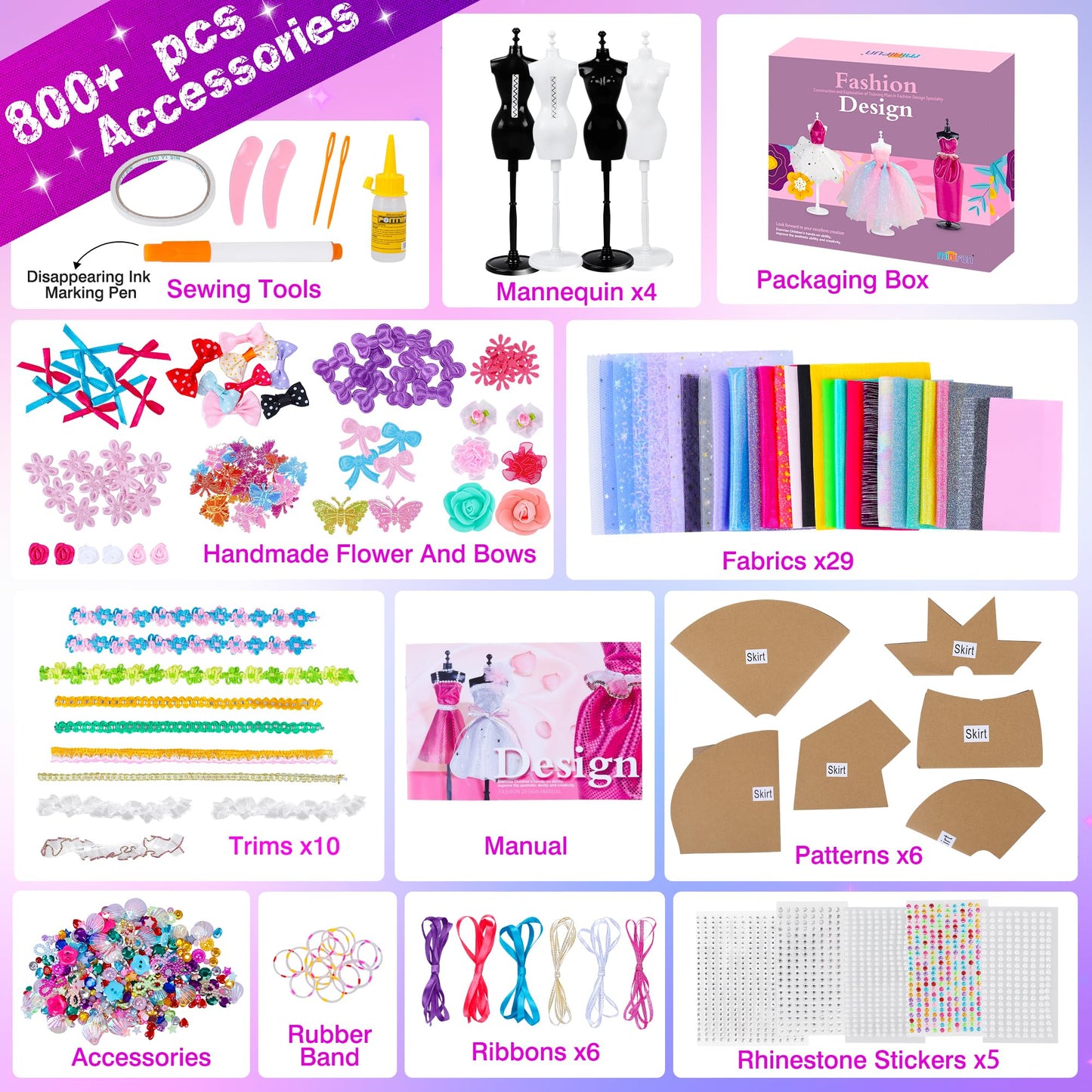 Minifun 800+Pcs Fashion Designer Kit For Girls, Sewing Kit With 4 Mannequins, Diy Arts And Crafts Kit For Kids, Doll Clothes Making Kit, Girl Toys For Age 6 7 8 9 10 11 12 Year Old Gifts