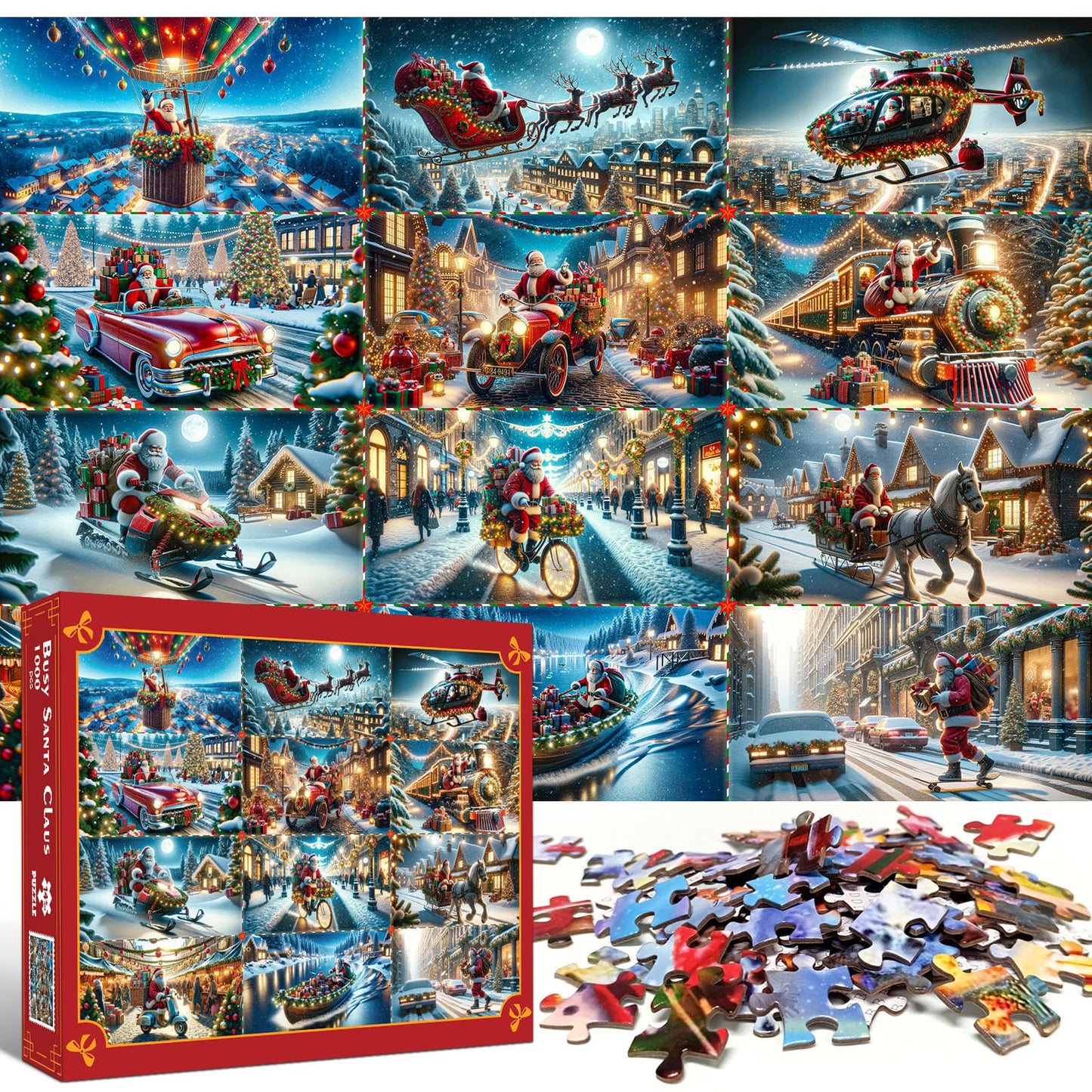 Christmas 1000 Piece Puzzle For Adults, Busy Santa Claus Jigsaw Puzzle Challenging Night Game, Winter Holiday Puzzles Interlock