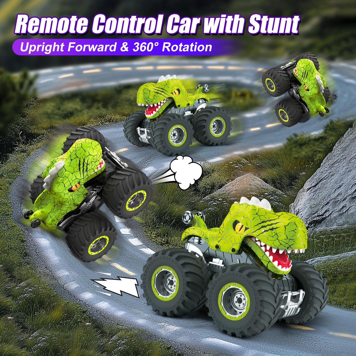Dinosaur Remote Control Car for Kids, 2.4GHz 360 Rotating RC Monster Truck Toys for Boys Girls Age 4-7 with Spray, Light & Sound