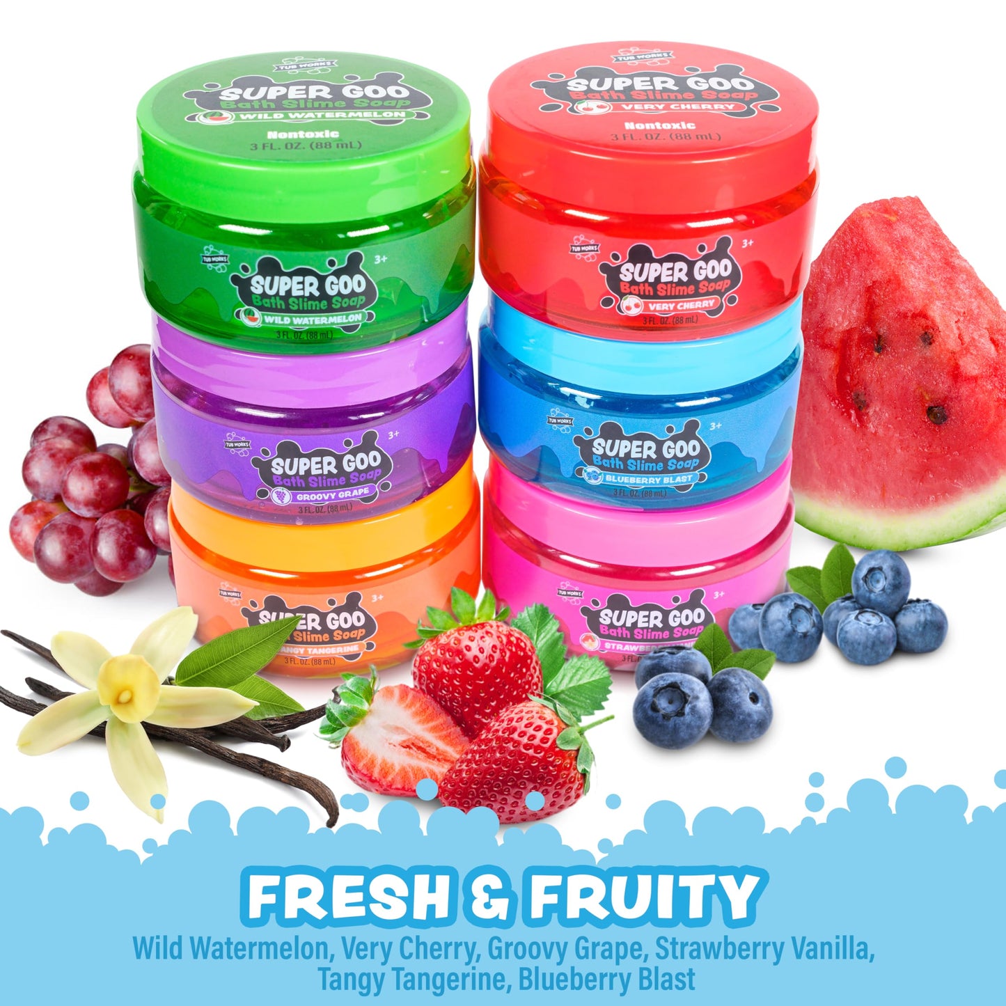 Tub Works® Super Goo Bath Slime™ Kids Soap Bath Toy, 6 Pack | Stretchy, Squishy Slime Soap For Kids Bath | Fresh, Fruity Scents | Nontoxic | Sensory Fun Kids & Toddler Bath Toys