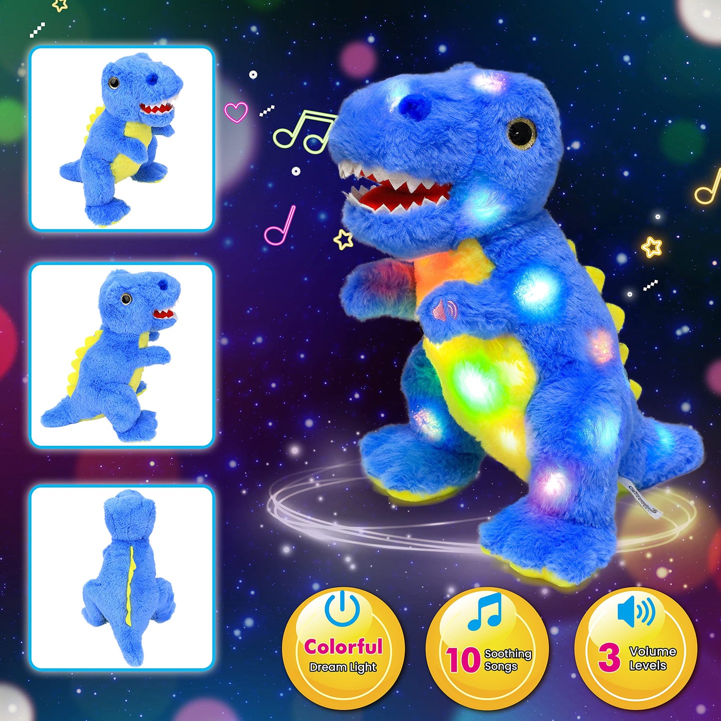 Cuteoy Blue Dinosaur Led Musical Stuffed Animal Light-Up Singing Plush T-Rex Adjustable Volume Lullaby Plushies Birthday Christmas Toy Gifts For Kids Toddler Girls, 12'
