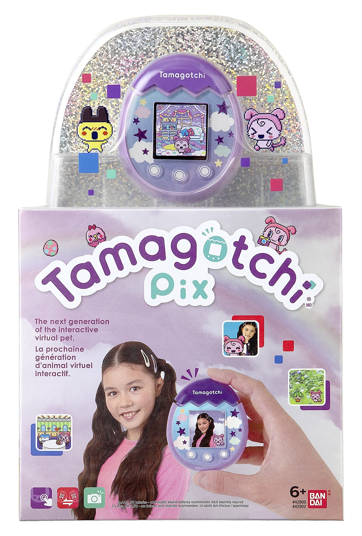 Tamagotchi 42902 Bandai Pix The Next Generation Of Virtual Reality Pet With Camera, Games And Collectable Characters-Sky, Purple, Single