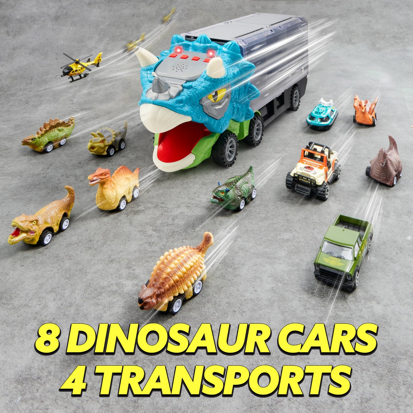 Joyin 13 In 1 Dinosaur Toys For Kids 3-5, Triceraptor Dinosaur Truck With 12 Pull Back Cars, Birthday Gifts Toys For 3 4 5+ Year