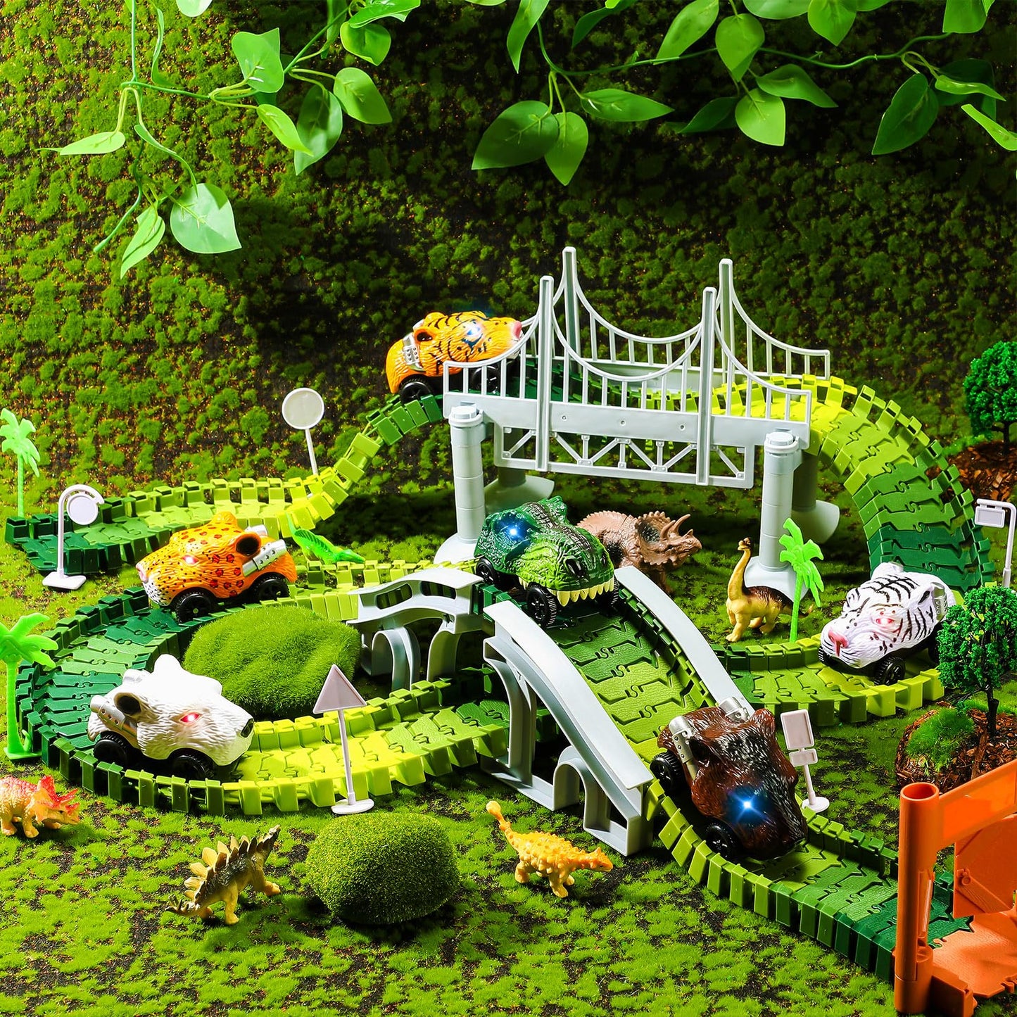 Skylety 6 Packs Dinosaur Track Car Race Track Replacement LED Light up Battery Powered Dinosaur Race Car Track Glow in The Dark