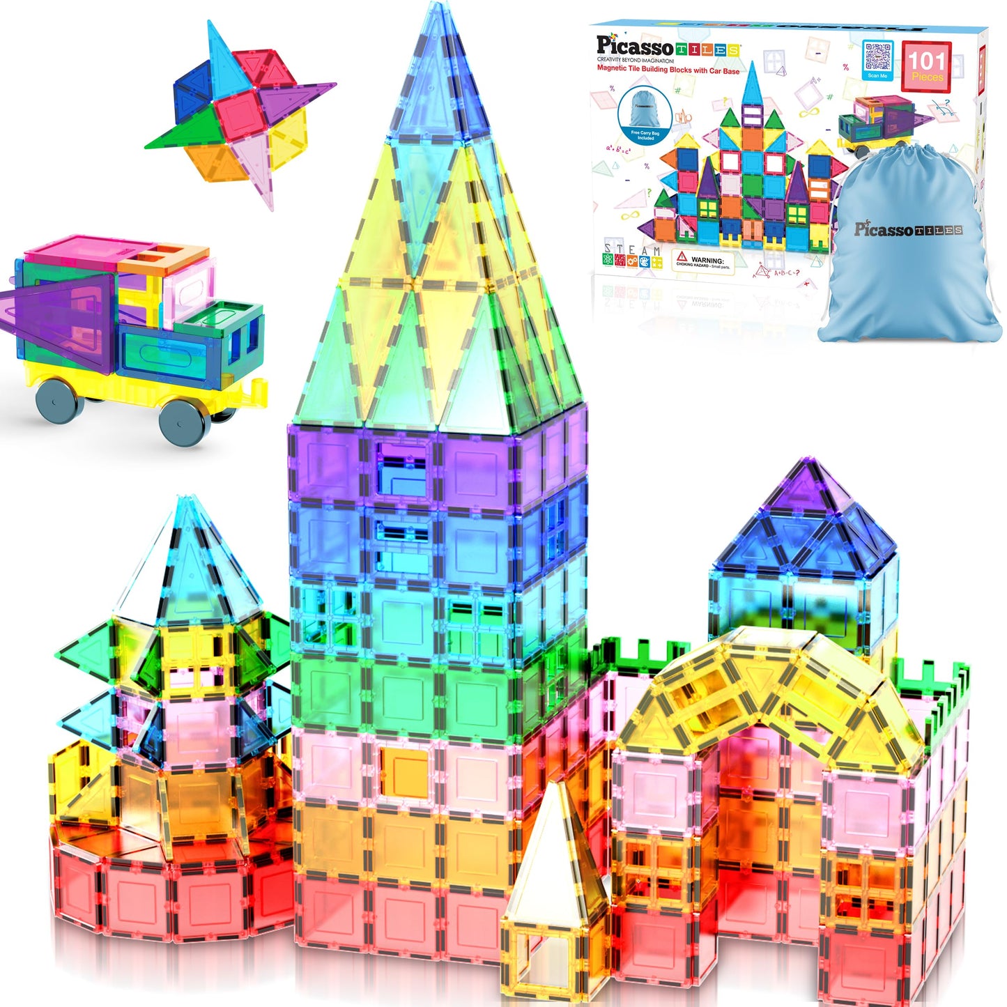 Picassotiles 101Pc Magnetic Tile Building Blocks With Car Base Drawstring Carry Toy Storage Bag Magnetized Block For Kids Magnet