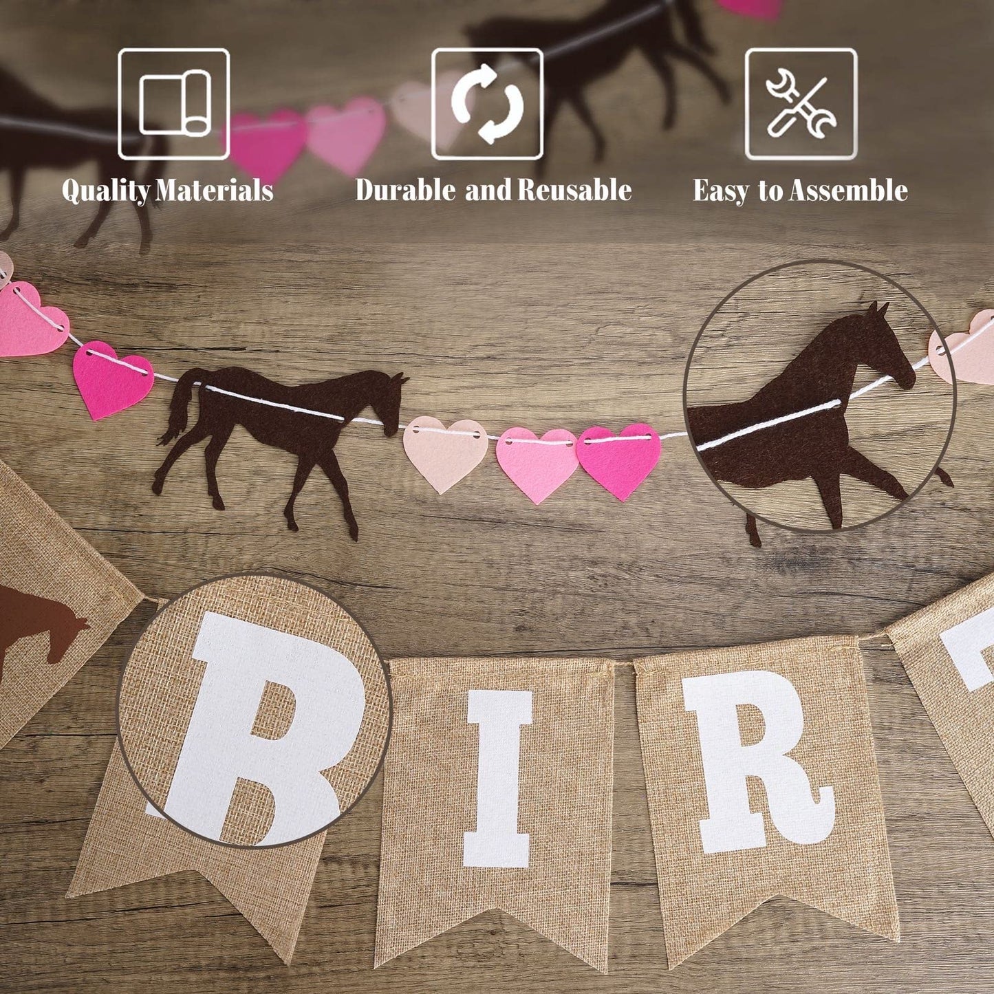 Horse Birthday Decorations - Happy Birthday Burlap Banner - Felt Horse Garland And Pennant Banner - Horse Party Supplies