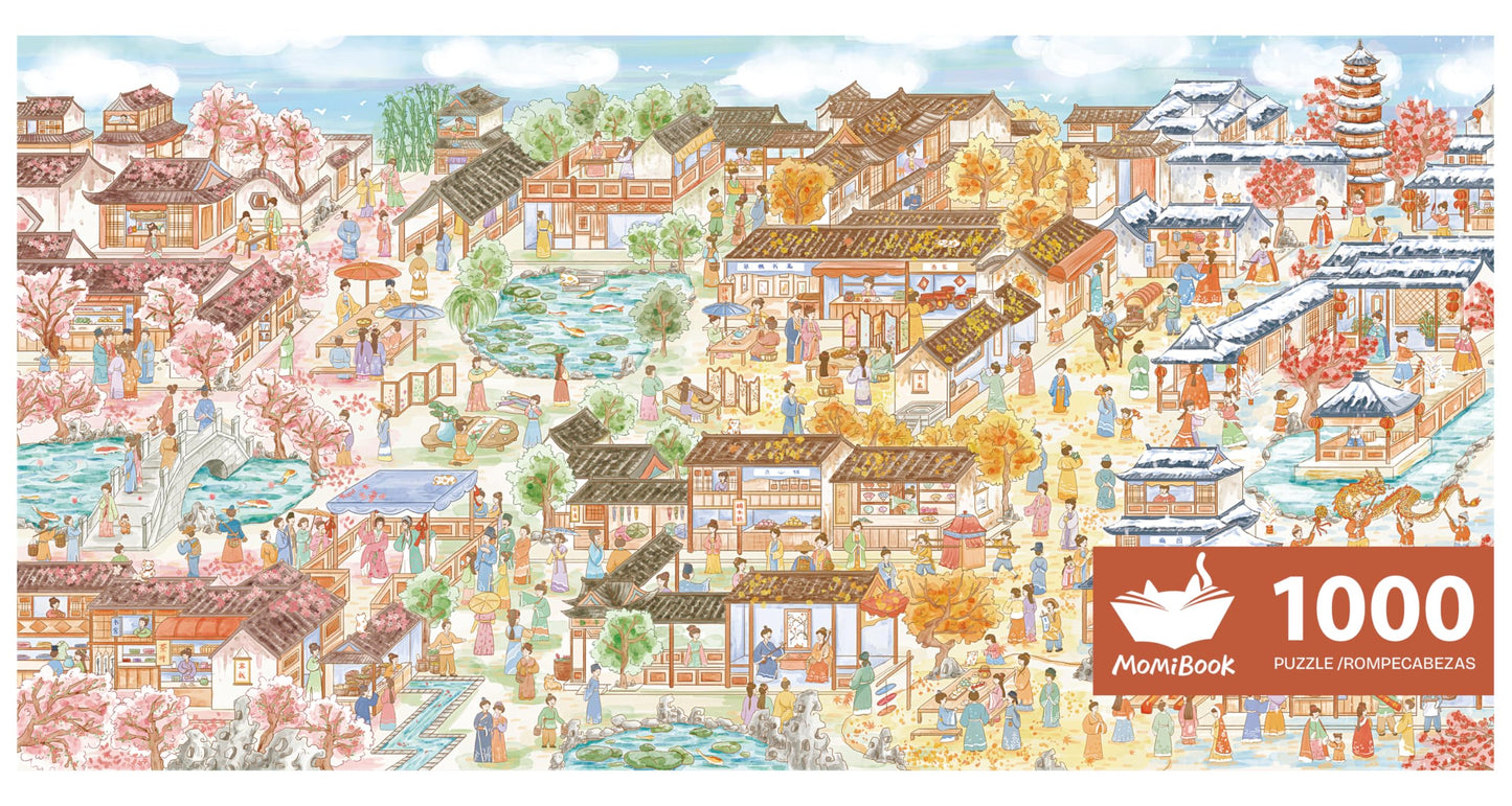 MOMIBOOK Puzzles for Adults 1000 Piece Jigsaw Puzzles of Suzhou Four Seasons Scenery, Photosensitive Discoloration Painting Imag