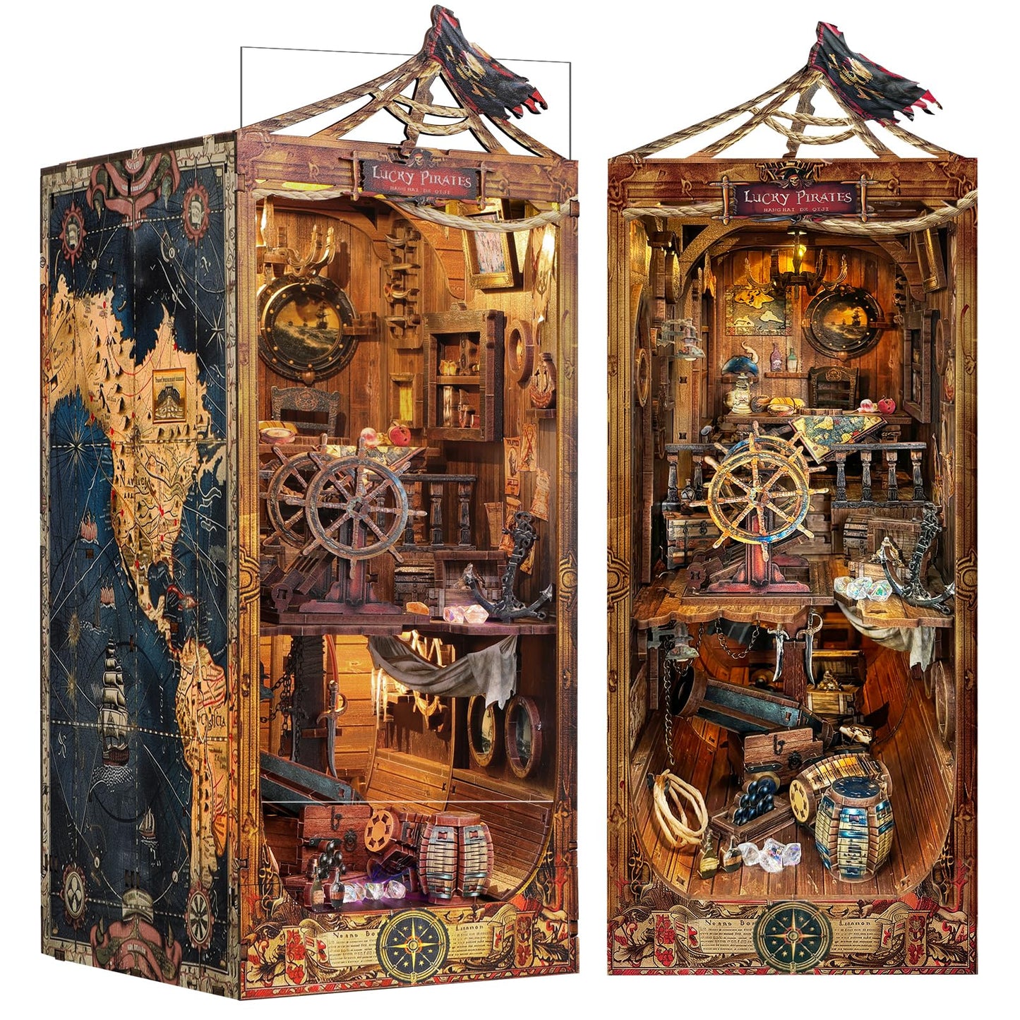 Diy Book Nook Kit - Pirate 3D Wooden Miniature Puzzles With Led Light Dollhouse Model Craft Kits For Adults Bookshelf Insert Dec