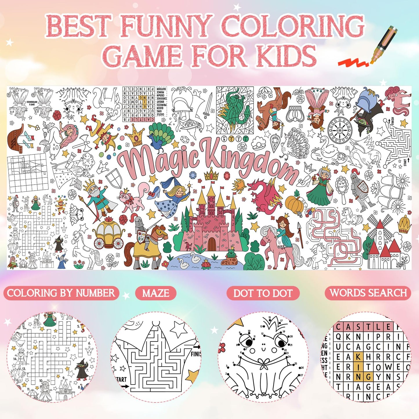 Magic Kingdom Giant Coloring Poster For Kids 30 X 72 Inch, Princess Large Coloring Poster Tablecloth, Fairy Themed Color-In Acti