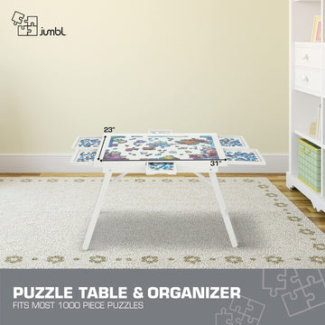 Jumbl 1000-Piece Puzzle Table W/Cover | 23” X 31” Jigsaw Puzzle Board W/Legs 6 Removable Storage & Sorting Drawers | Smooth Plateau Fiberboard Work Surface & Reinforced Hardwood | For Games & Puzzles
