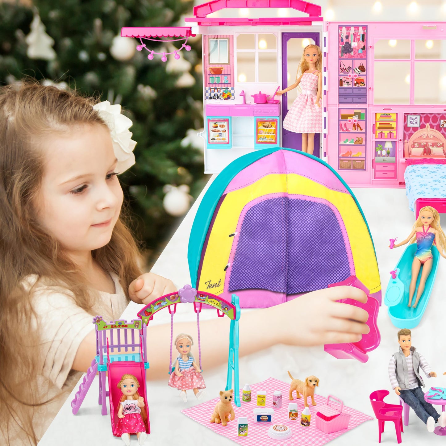 Style Shine Doll House Portable & Foldable Dollhouse W/ 60+ Pcs & 2 Dolls, Play House Toy With Bedroom Kitchen Furniture Camping
