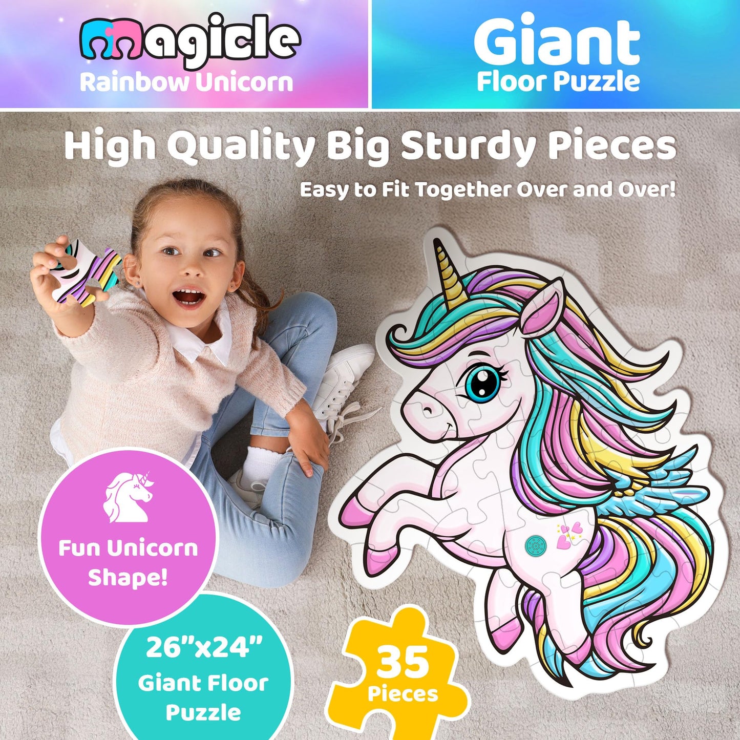Rainbow Unicorn Giant Floor Puzzle With Sounds, 35 Piece Extra Thick Puzzles, Unicorn Toys For Girls Age 4-6, Floor Puzzles For