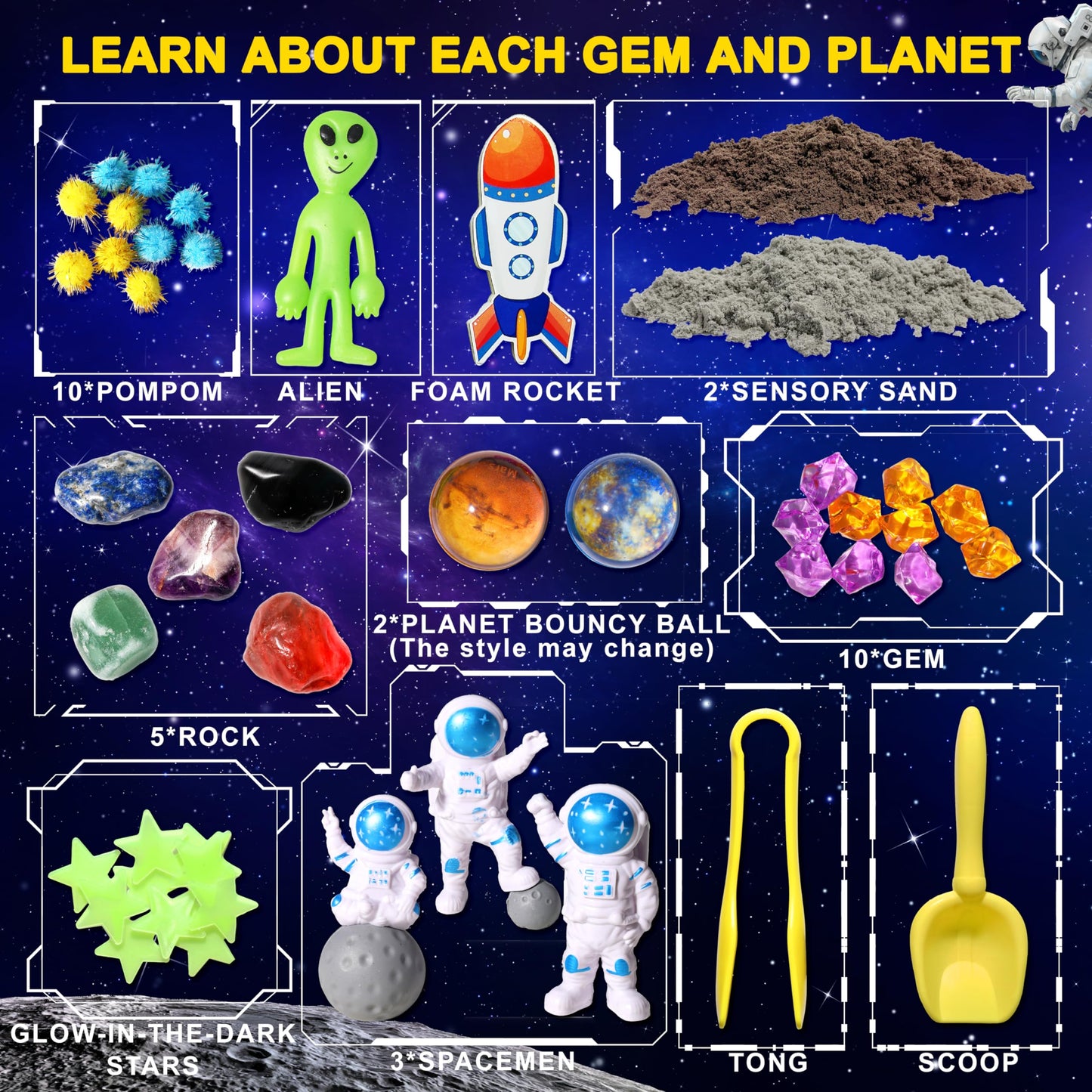 Carolart Galaxy Sensory Bin, Gemstone Dig Kit,Galaxy Excavation Gem Kit With 5 Real Gemstones For Kids,Space Planet Toys Stem Sc