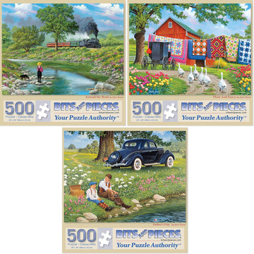 Bits And Pieces – Value Set Of Three 500 Piece Jigsaw Puzzles For Adults – Around The Bend, Plain And Fancy, Father'S Day Jigsaw Puzzles By Artist John Sloane, Completed Puzzle Size: 18' X 24'