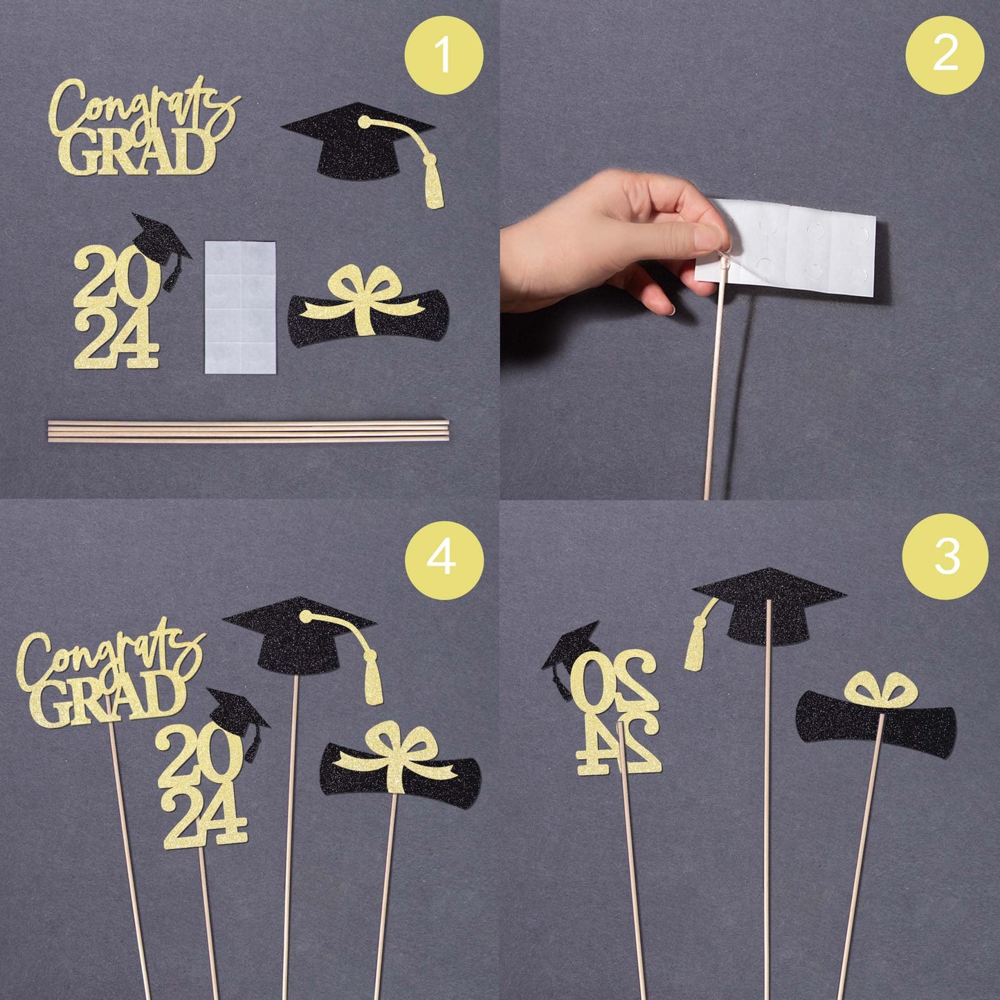 Gexolenu 16 Pcs Gold And Black Double-Sided 2024 Graduation Centerpieces For Tables, 2024 Table Toppers Party Centerpiece Sticks