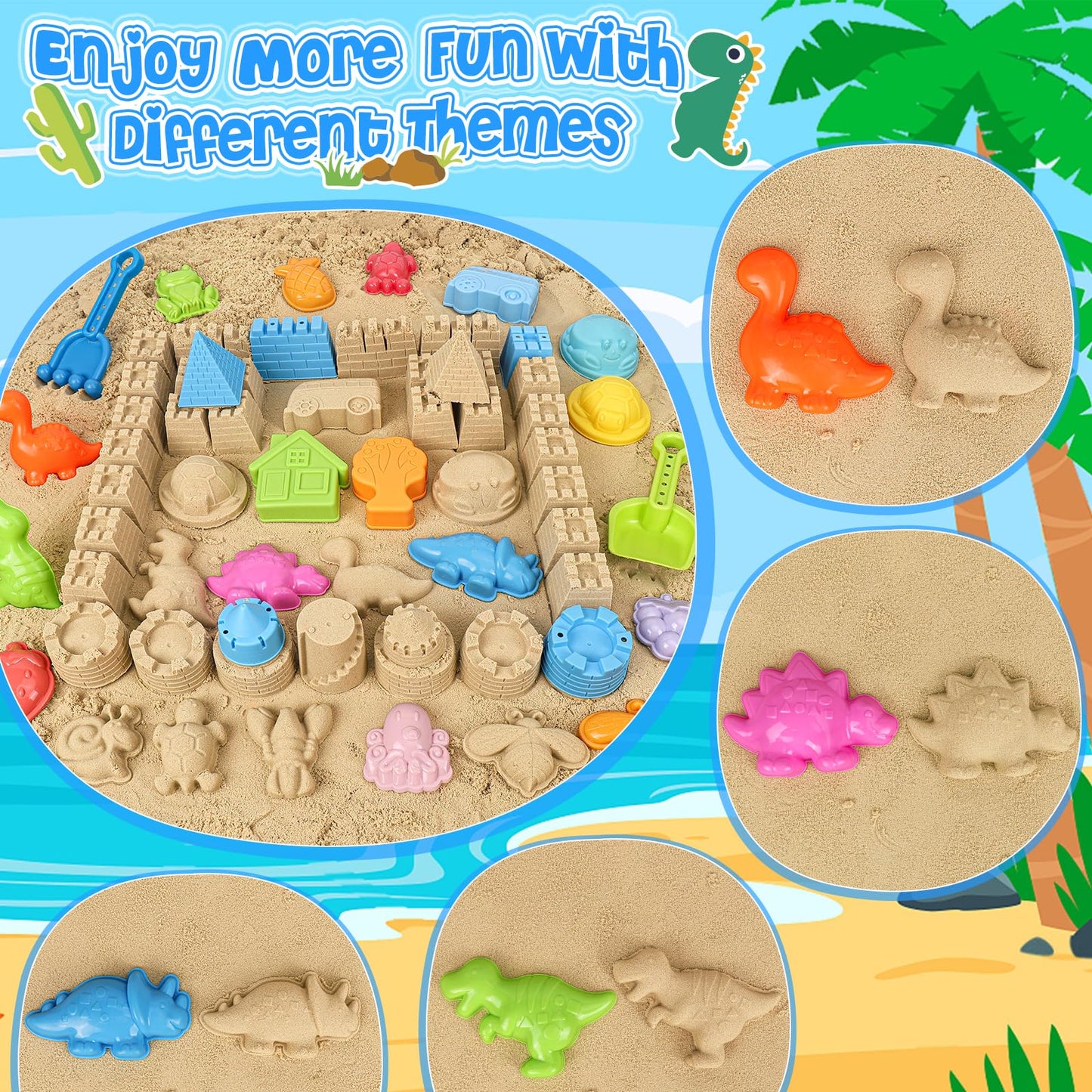 REZUCREY Beach Toys, Collapsible Sand Toys for Toddlers, Sand Bucket and Shovels Set with Mesh Bag Cute Sand Molds, Travel Sand